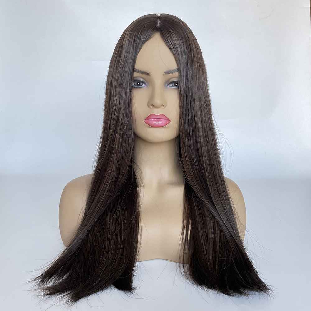 1b/8 22“ Slightly Highlighted Natural Black Brazilian Hair Silk Top Jewish Wig 